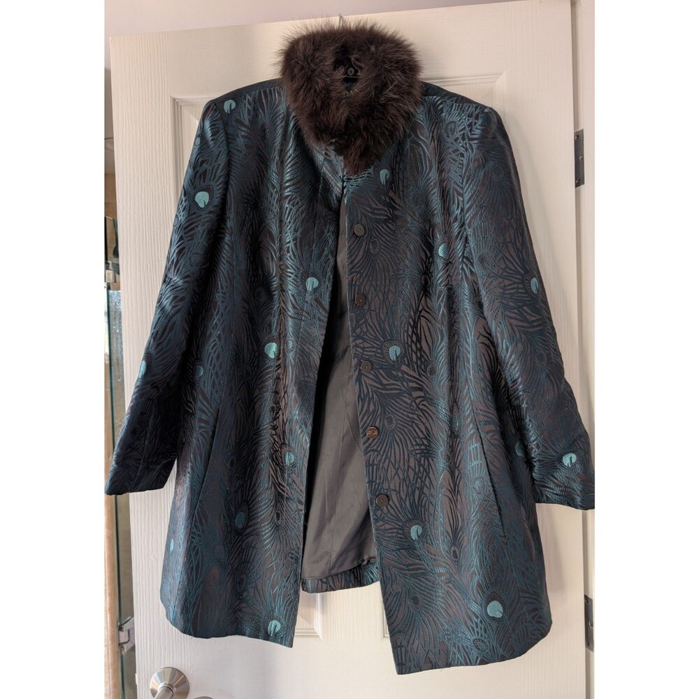 Vtg Dana Buchman Peacock Brocade Jacket Detachable Fur Collar Size 16 Teal Black